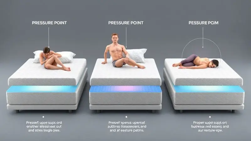 Visualização conceitual da distribuição de peso e pontos de pressão em colchões para diferentes biotipos.