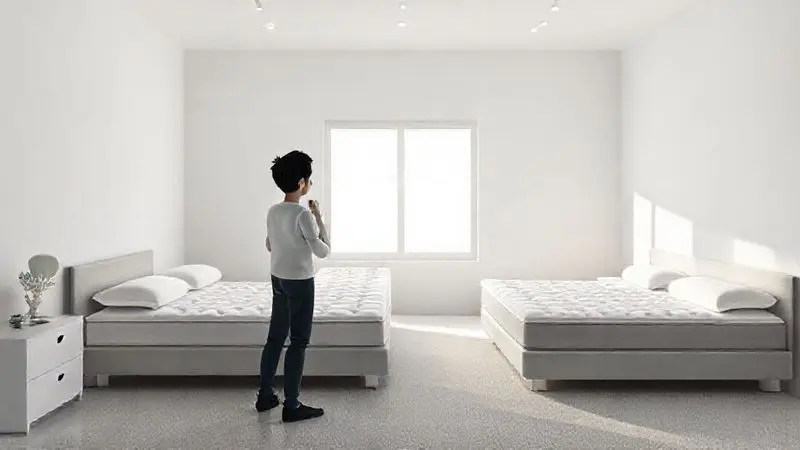 Cena conceitual de pessoa analisando opções de colchão em ambiente de quarto limpo e iluminado