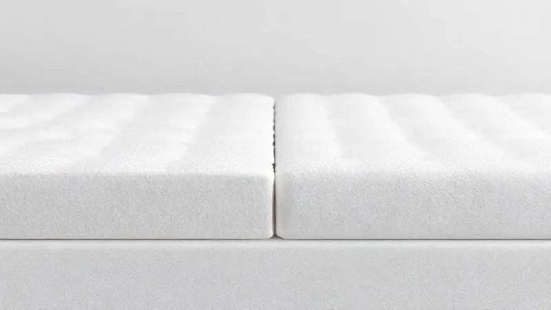 Ilustração conceitual comparando texturas de espuma viscoelástica moderna e revestimento poliéster