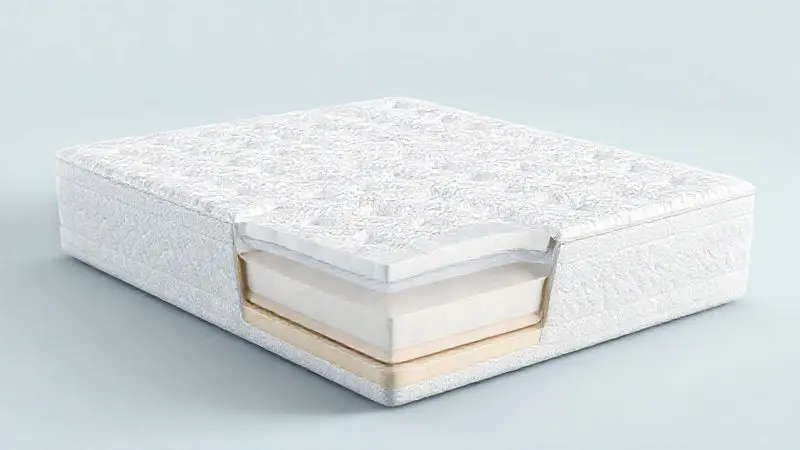 Ilustração conceitual de corte transversal mostrando estrutura interna de um colchão com molas e camadas.