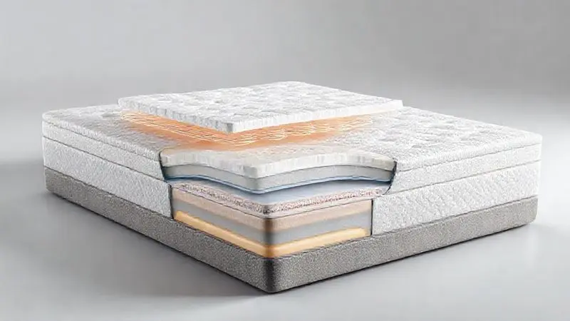 Visão em corte 3D das camadas internas de um colchão premium mostrando estrutura de molas e espumas