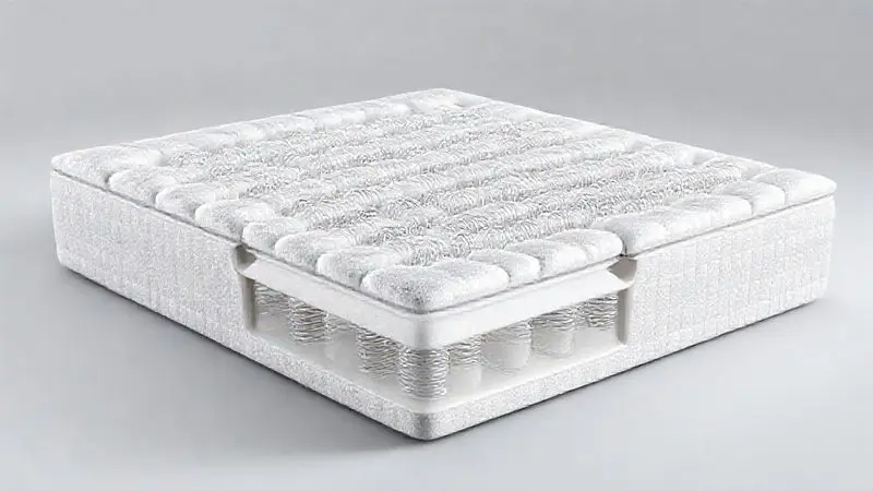 Ilustração 3D da estrutura interna de um colchão de molas ensacadas mostrando as molas individuais em bolsos separados