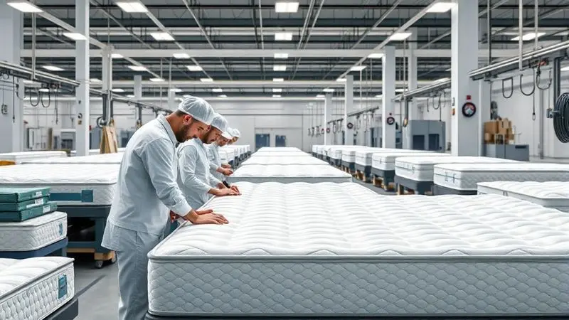 Ilustração conceitual da fabricação de colchões de alta qualidade em ambiente industrial controlado.