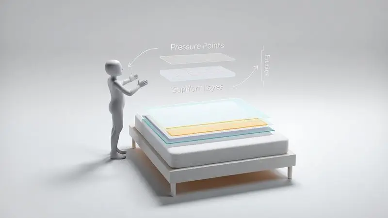 Cena conceitual 3D mostrando análise de fatores de conforto do colchão como pontos de pressão e zonas de apoio
