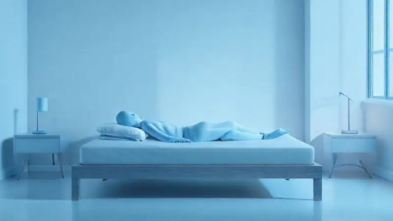 Ilustração conceitual mostrando alinhamento correto da coluna durante o sono em um colchão adequado.