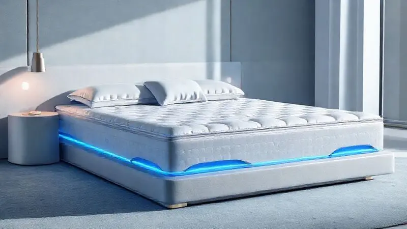 Conceito visual de linha premium de colchões com elementos azuis e design sofisticado