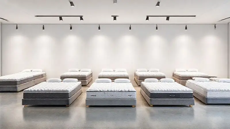 Cena conceitual mostrando diferentes linhas de colchões em ambiente clean