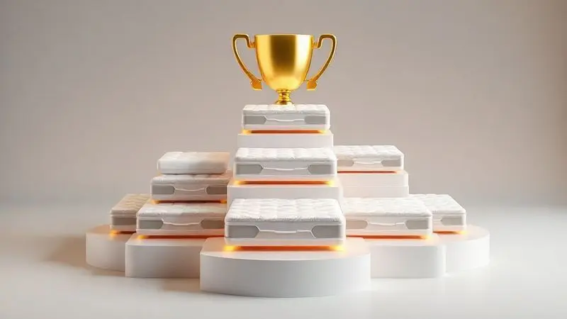 Representação conceitual de pódio com silhuetas abstratas de colchões em posições de ranking com troféu para melhor desempenho