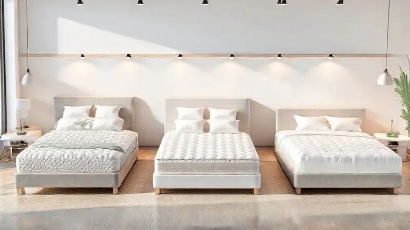 Ilustração conceitual mostrando diferentes tipos e modelos de colchões em ambiente estiloso