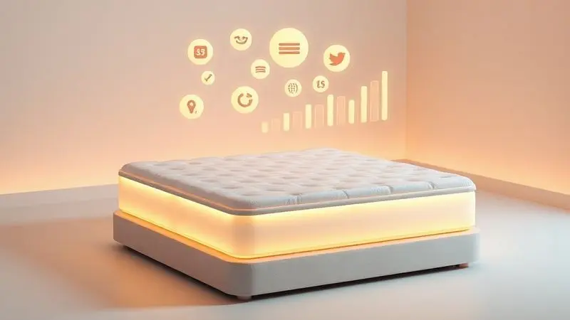 Representação conceitual da popularidade de um colchão com ícones de satisfação flutuantes e gráficos de tendência ascendente