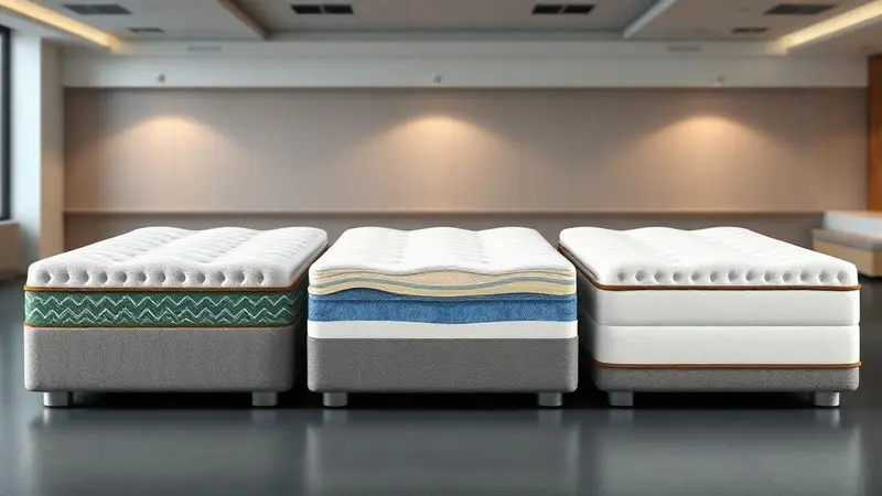 Representação artística dos principais tipos de colchões: molas ensacadas, espuma viscoelástica e látex em vista conceitual