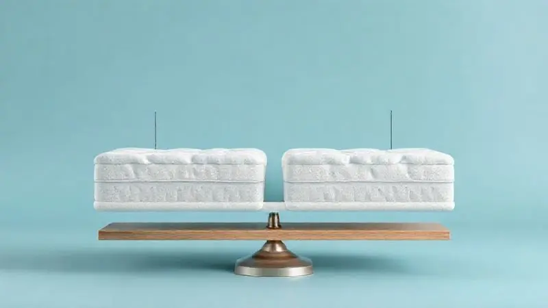 Ilustração conceitual de balança mostrando prós e contras de colchão