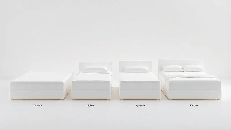 Comparação visual dos diferentes tamanhos de colchões disponíveis: solteiro, casal, queen e king em representação 3D