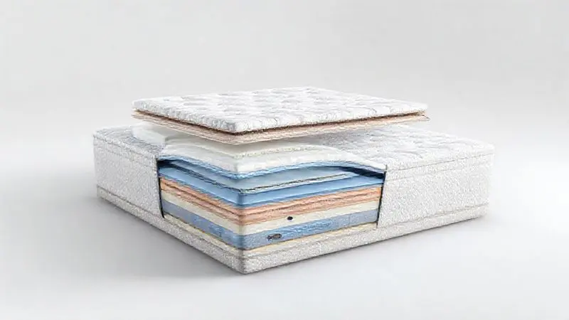 Representação ilustrativa das camadas e tecnologias internas de um colchão