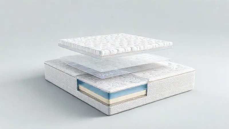Ilustração conceitual das camadas e tecnologias de um colchão premium
