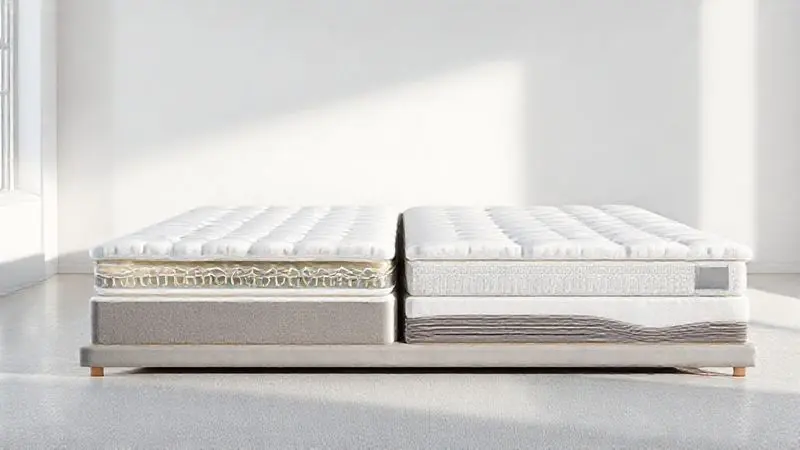 Ilustração conceitual mostrando diferentes tipos de colchões e suas estruturas internas em corte transversal.
