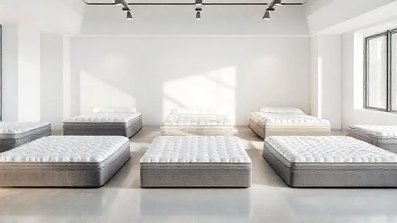 Cena conceitual mostrando diferentes tipos de colchões em ambiente de showroom limpo e bem iluminado