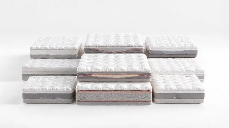 Representação conceitual de diferentes tipos de colchões e tecnologias de conforto em disposição visual