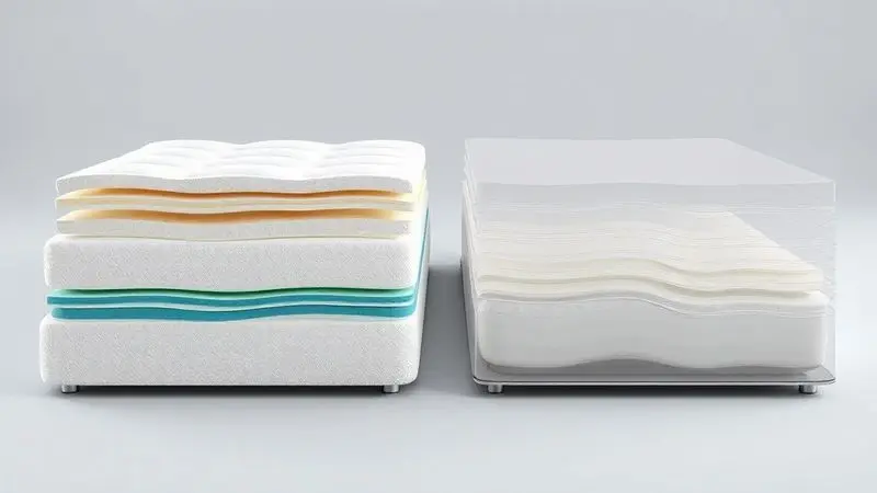 Comparação conceitual de diferentes tipos de construção de colchões: espuma e molas em visualização 3D artística