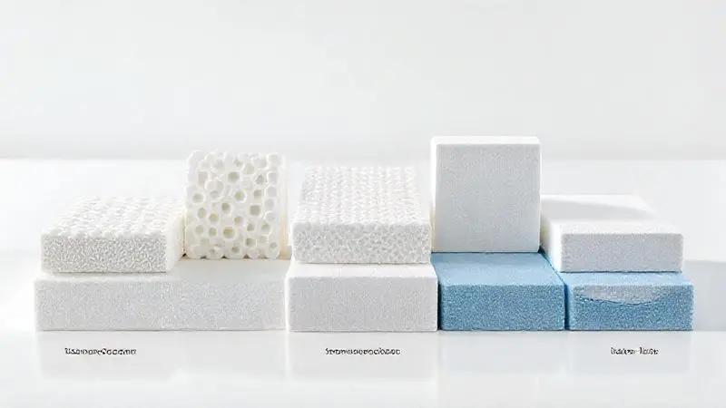 Amostras ilustrativas de diferentes tipos de espumas para colchões com estruturas variadas