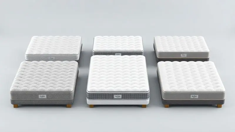 Seleção conceitual de cinco modelos diferentes de colchão em exibição organizada
