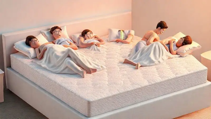 Ilustração conceitual mostrando diferentes tipos de usuários se beneficiando do suporte ortopédico de um colchão de alta densidade.